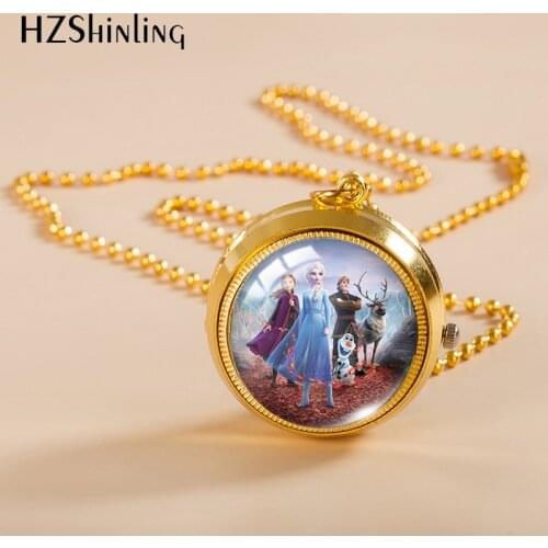 2021 New Arrival Frozen Movies Elsa and Anna Princess Handmade Glass Dome Round Pocket Watch Pendant Necklaces