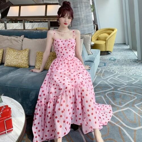 New arrival fashion party dress women elegant summer sexy strap sweet pink dot temperament young long a-line beach dress