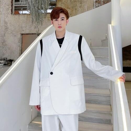 Autumn dress personalized black and white stitching net red minority suit mens Korean hairdresser fashion mens loose casual su