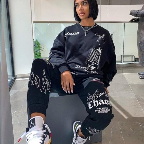 Letter Print Pullover Loose Two Piece Set Women Outfits Streetwear Tracksuit Plus Size Sweatshirt Joggers BF Pants Matching Sets