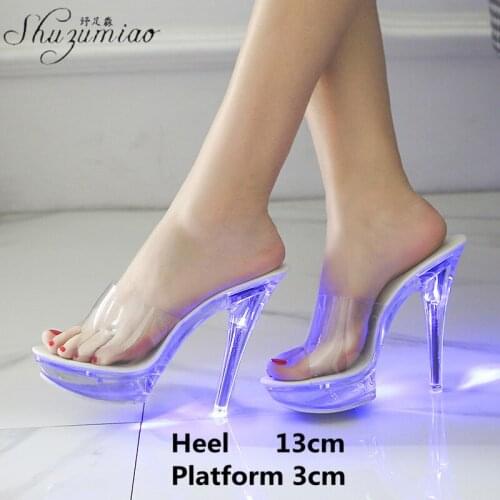 Light Large Size Transparent Glow Crystal Slipper 13CM Sexy Catwalk Stripper Show Pole Dance Shoes Super High Heel Womens Shoes
