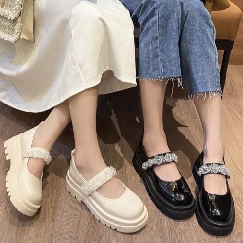 Big Size 35-43 Women Flat on Platform Shoes Patent Leather Mary Janes Shoes Crystal Thick Sole Lolita Shoes High Heels 9282L