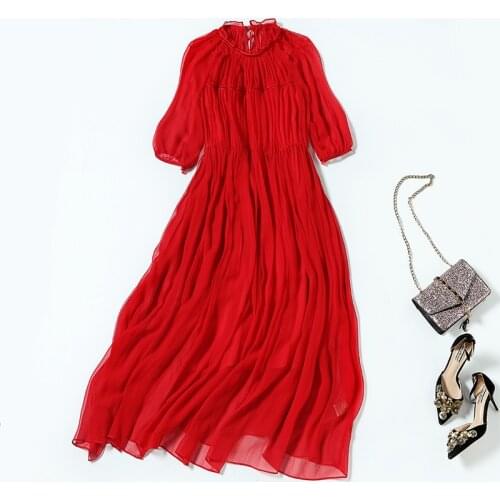 High Quality 100% Silk Dress 2021 Elegant Summer Dresses for Women Party Midi Red Dress Female Vestido De Mujer Pph4312