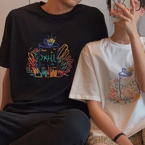 Womens Cotton Short-Sleeved T-shirt Loose Summer Wide 2021 New Ins Trendy Graffiti All-Matching Couple Half Sleeve Top Clothes