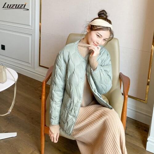 Luzuzi Women Light Down Jacket Simple Casual Loose Outwear with Big Pockets O-Neck Collar New 2021 Winter Warm Coat Outwear