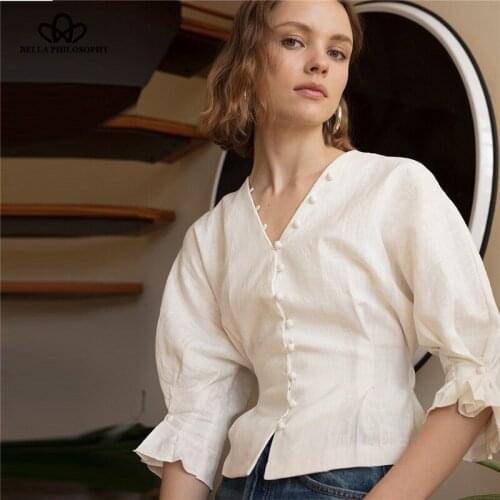 HStar 2020 Cotton Linen Women Victoria Court Blouse Puff Sleeve French Style Female Blouse Buttons Shirt