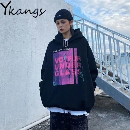 High Street Design Printing Hoodie Korean Style Fashion Hip Hop Loose Women Sweatshirt Harajuku Gothic Long Sleeve Black Clothes