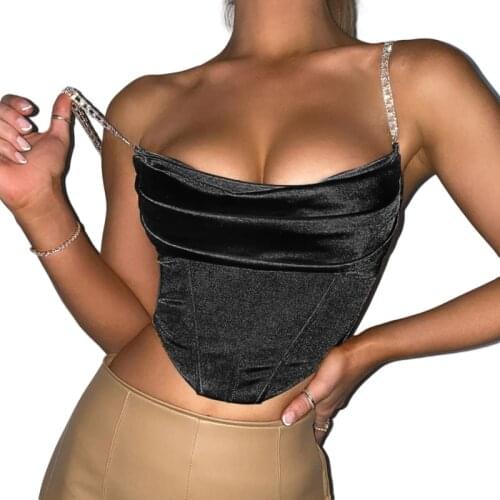 Women Sexy Rhinestone Chain Bustier Crop Top Shiny Solid Color Spaghetti Strap Satin Camisole Zipper Back Mini Corset Sling Vest