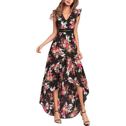 Women Backless Irregular Boho Dress 2021 Floral Printed Long Lace Maxi Dresses Summer Deep V Trim Open Back Party Vestidos