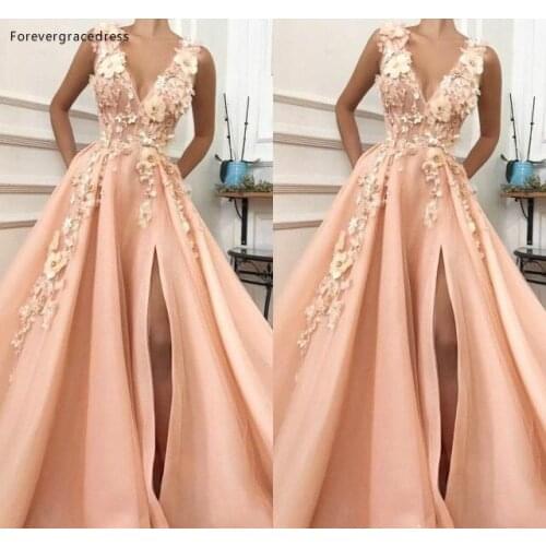 A Line Long Evening Dresses 2019 Pink Flora Split Formal Women Holiday Wear Celebrity Party Gowns Plus Size Custom Made