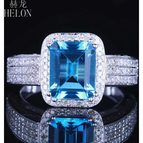 HELON Solid 14K White Gold Certified Emerald Cut 9x7MM Natural Blue Topaz Real Diamonds Engagement Ring Women Wedding Jewelry