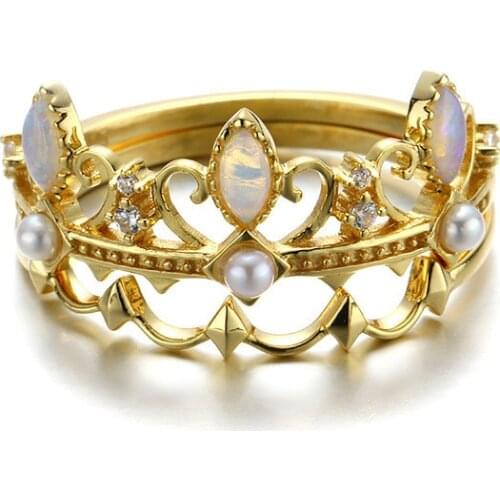 UBESTNICE Vintage 9K Genuine Gold Natural Gemstone Oval Opal Stackable Crown Pearl Rings Bridal Set For Women Gift Fine Jewelry