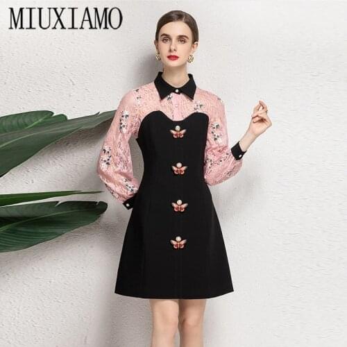 MIUXIMAO 2021 Summer Runway New WomenS Print Vintage Casual Lace Butterfly Elegant Full Sleeve Fashion Mini Dress Vestidos