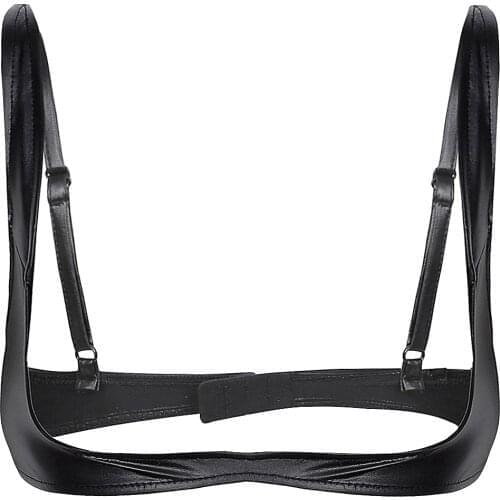 Womens Lingerie Open Cup Shelf Bra Faux Leather Adjustable Wire-free Open Cup Shelf Erotic Sexy Hot Bra Exposed Breasts Nipples