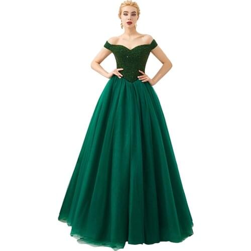 2019 New Arrival Women Dark Green Prom Dress Off The Shoulder V Neckline Beaded Party Gown