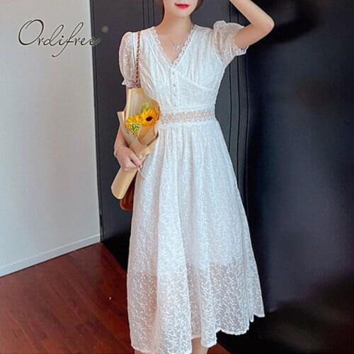 Ordifree 2021 Summer Vintage Women Party Midi Dress Short Sleeve White Lace Vocation Tunic Sexy Beach Dress