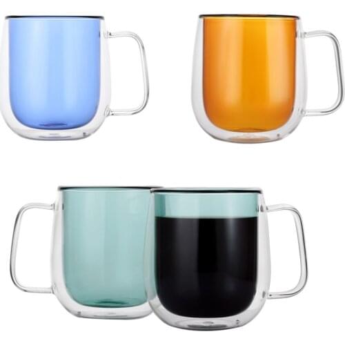 2pcs/set Multi-color Double Wall Glass Cup with Handle Heat Resistant Coffee Mug Brown/Blue/Green Insulated Cold-Hot Milk/Beer