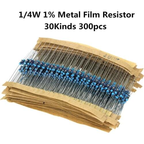 300PCS/LOT 1/4W Metal Film Resistor Kit 1% Resistor Assorted Kit Set 10 -1M Ohm Resistance Pack 30 Values each 10 pcs