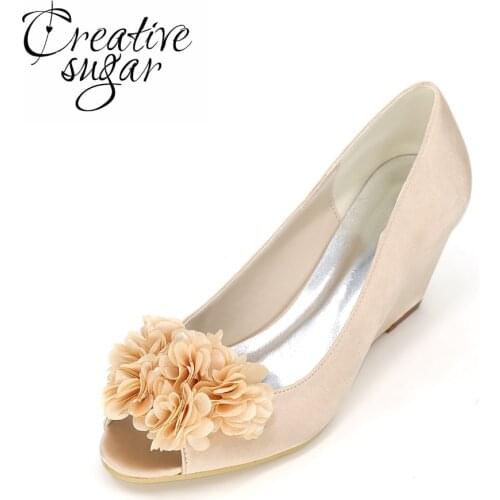 Creativesugar Elegant beach wedding wedges medium heel satin flower petal open toe evening dress shoes royal blue purple ivory