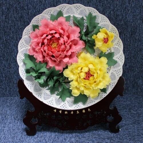 16 inch auspicious peony flower decoration decoration ceramics hanging plate Home Furnishing hollow handmade art porcelain disc
