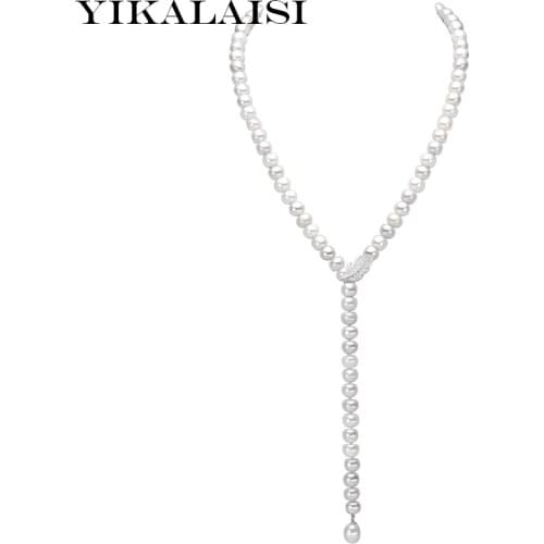 YIKALAISI 925 Sterling Silver Natural Freshwater Pearl Leaf Long Necklace Fashion Jewelry For Women 8-9mm Pearl 4 Colour