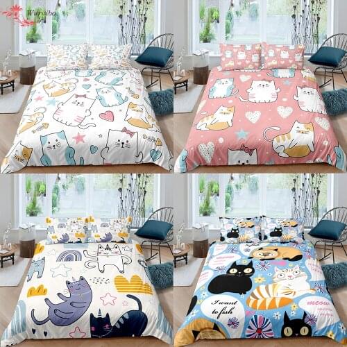 Cute Cat Teens Kid Bedding Set Kitty 2 People Couple Beds Soft Duvet Cover Comforter Cover 135/90/150 Bed Bedclothes Boys Girls