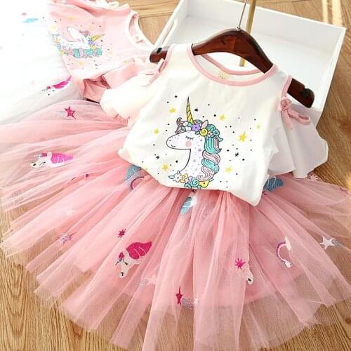 Girls Clothing Sets Suit Fashion Boutique Children Summer Unicorn Cartoon Printed T Shirts + Skirt Christmas Girl Clothes Set 7T