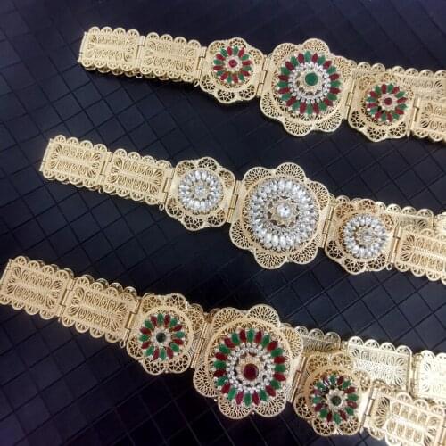 Moroccan womens abaya belt filled with diamond rhinestone hollowed-out flowers and metal waist chain with adjustable length