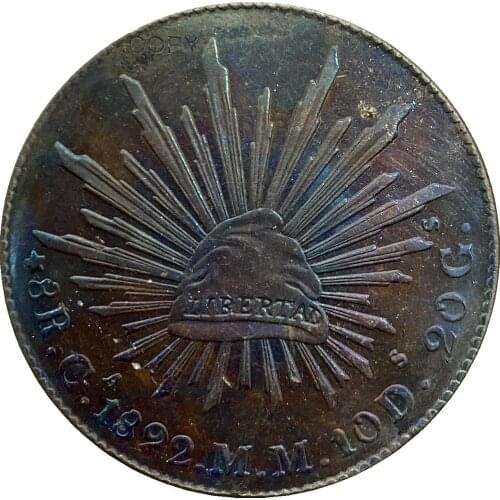 Mexico 8 Reales 1892 Go FR Plated Silver Copy Coin