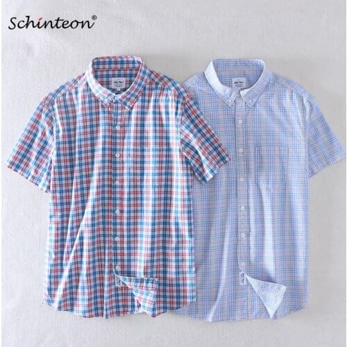 2020 Schinteon Men Summer 100% Cotton Plaid Shirt Short sleeved Smart Casual Slim Comfortable Shirt Turn-down Collar New