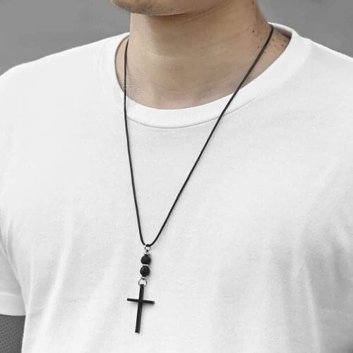 Davieslee Necklace for Men Cross Pendant Stainless Steel Lava Glass Bead Man-made Leather Chain Black Silver Color 1.5mm LDNM03
