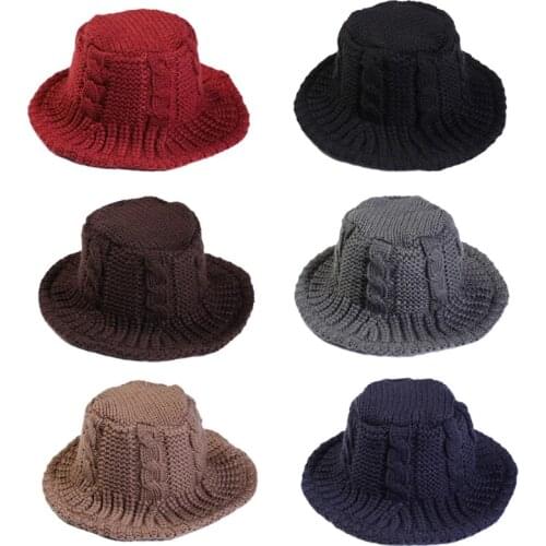 Women Winter Cable Knit Bucket Hat Twist Pattern Simple Solid Color Wide Brim Floppy Sunscreen Warm Panama Fisherman Cap