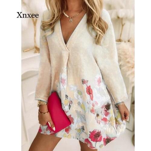 2021 V-Neck Mini Dress Autumn Spring A Line Robe New Casual Plus Size Loose Printed Cotton Linen Long-Sleeved Dresses Clothing