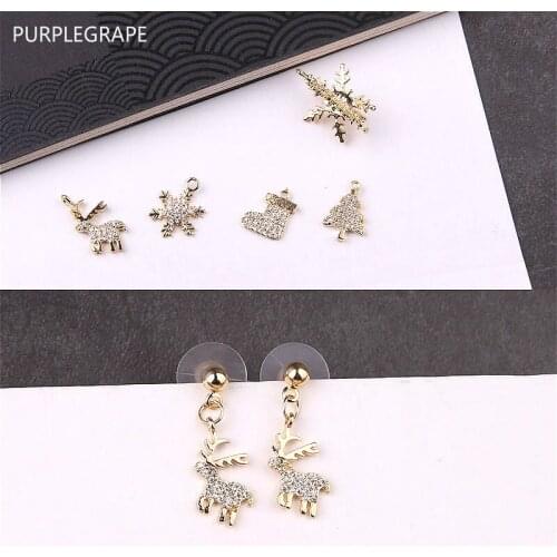 DIY earrings jewelry accessories material pendant 18K real gold diamond Christmas series deer snowflake Christmas tree 2pcs