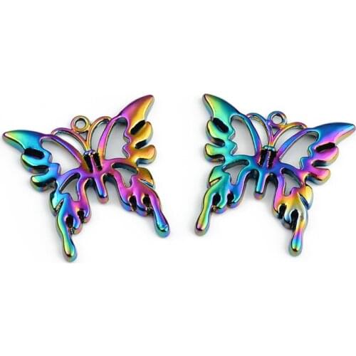 2PCS Rainbow Multicolor Zinc Based Alloy Pendant Laser Hollow Butterfly Alloy Jewelry Making Accessories For Necklace Earring