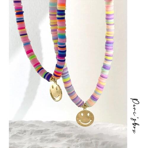 PerisBox Handmade Colorful Soft Pottery Disc Beaded Necklaces Rainbow Polymer Clay Bead Necklace With Brass Smiley Face Pendant