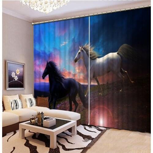 Luxury European Modern 3D Curtain Sunset Landscape Black And White Horse Animal Bed Room Living Room Office Hotel Cortinas