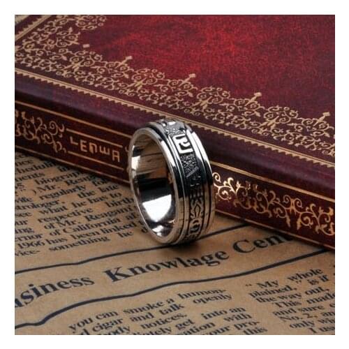 Handmade 925 Silver OM Mani Padme Hum Words Spinner Ring Good Luck Turning Ring Silver Spinning Ring