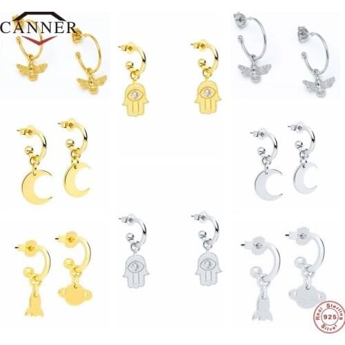 CANNER Real 925 Sterling Silver Stud Earrings Small Cute Bee Moon 18K Gold Plated Piercing Earring Earings Jewelry Pendientes