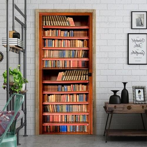 Vintage Bookshelf 3D Pattern Sticker Door Waterproof Self-Adhesive Vinyls Wallpaper Bathroom Poster Home Design DIY Decoration