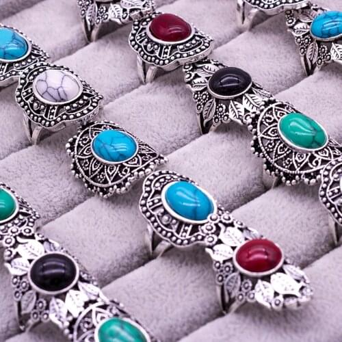 20pcs vintage stone Ring Tribal vintage retro ethnic women men unisex color mix styles alloy Jewelry wholesale lots rings