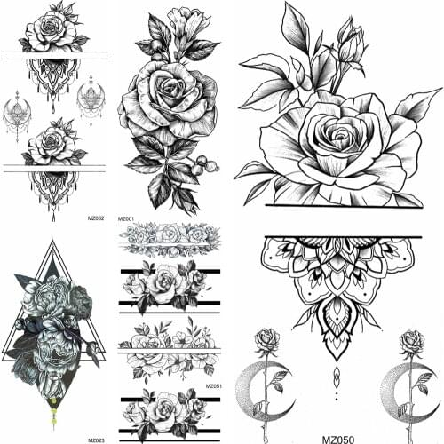Geometric Peony Flower Temporary Tattoos Black Geometry Rose Waterproof Fake Tattoo Stickers For Girls Lady Body Art Arm Tatoo