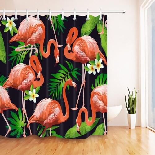 Flamingo And Green Banana Leaf Shower Curtain Tropical Plant Flower Custom Black Bathroom Waterproof Polyester For Bathtub Decor