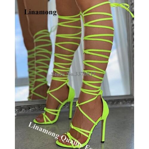 Linamong Summer Sexy Open Toe Straps Cross Stiletto Heel Knee High Gladiator Boots Neon Yellow Rose Red Sandals Boots Dress Shoe