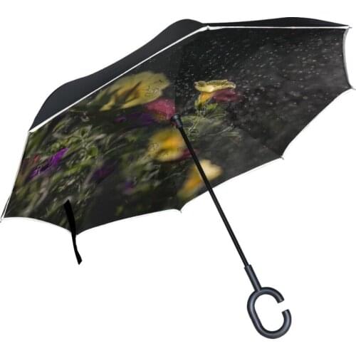 Yellow Flower Printed Reverse Umbrella C-Hook Windproof Reverse umbrella Long Shank Inverted Double Layer Creative Self Stand