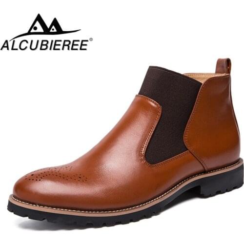 ALCUBIEREE Autumn Winter Genuine Leather Ankle Chelsea Boots Men Shoes With Fur Warm Vintage Classic Male Casual Motorcycle Boot
