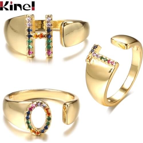 Kinel Hot Sale Adjustable A-Z Initial Ring Bohemian Copper Zircon Rainbow Letter Ring for Women Girls Party Wedding Jewelry Gift