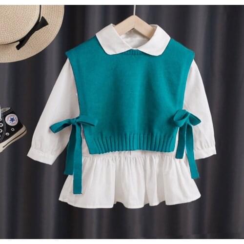 2021fashion Autumn Brand Baby Girls Outfits Knitting Sweater Vest +Shirts dress 2pcs/set Girls Clothing Sets Children Vest