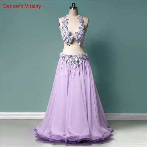 Belly Dance Costume New Suit Shiny Petal Tassel Fairy Elegant Swing Skirt Suit Bra+Skirt+Belt Competition Costumes