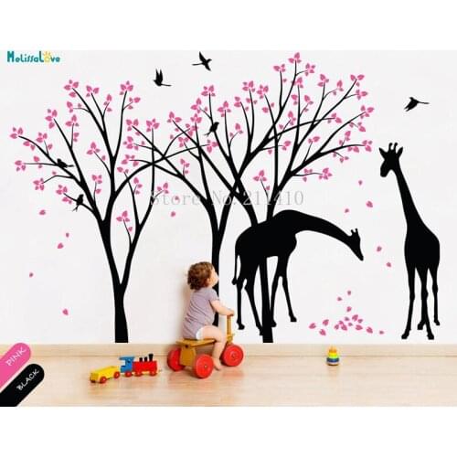 Pretty Two Giraffe Beautiful Trees Vinyl Wall Sticker Nuesery Kids Bedroom Playroom Cute Home Decor Removable Decals YT646